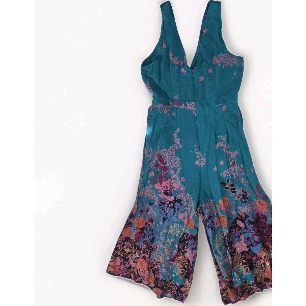 Anthropologie Maeve Floral Wide Leg Jumpsuit Teal Blue Sleeveless Sz 12 Boho